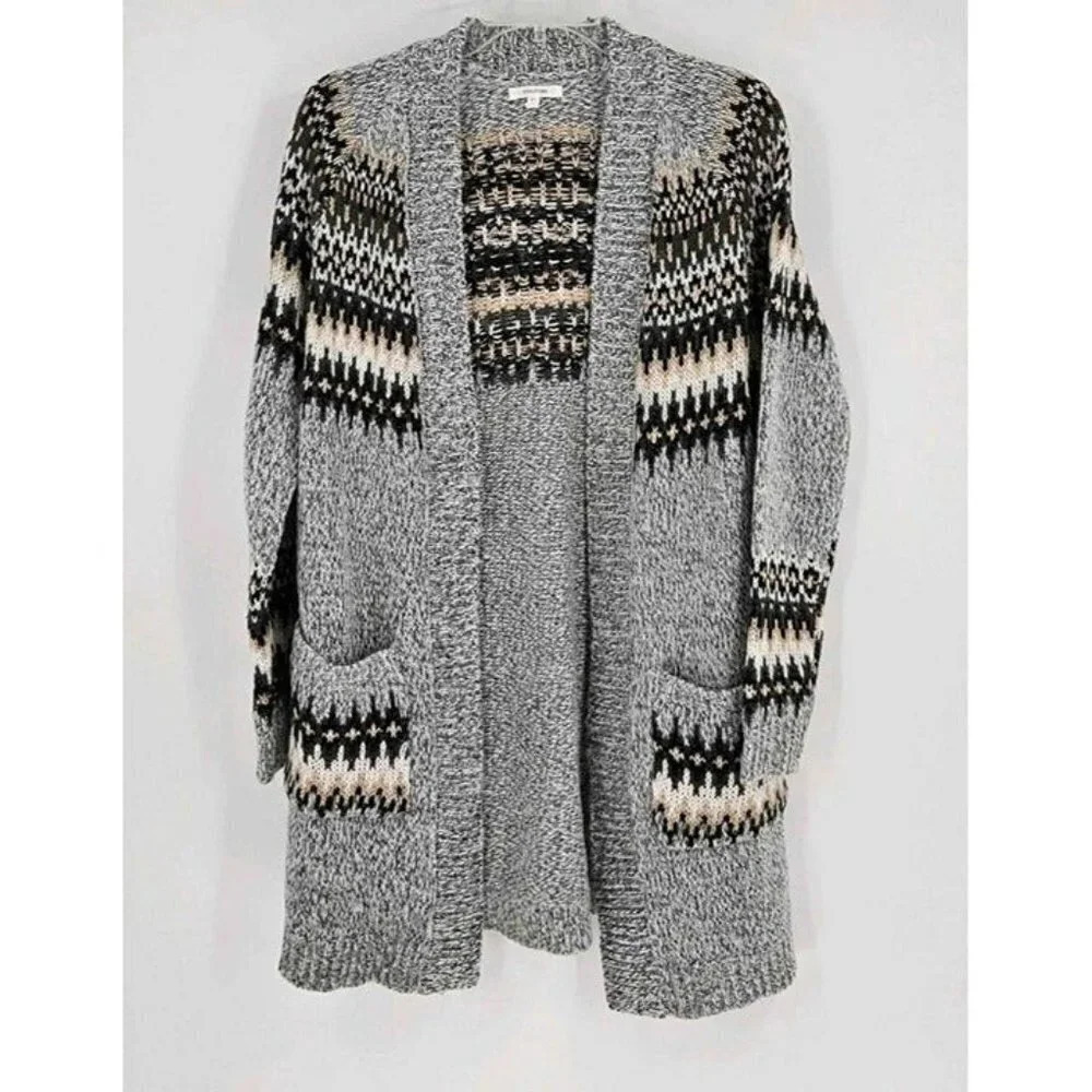 Maurices Longline Fair Isle Cardigan Heathered Gray Tan White Pockets XS